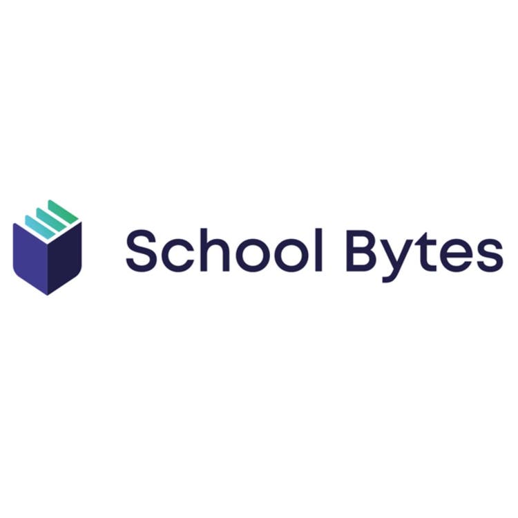 A white tile which has the word SCHOOL BYTES on it as well as a blue box which is the logo of the company.