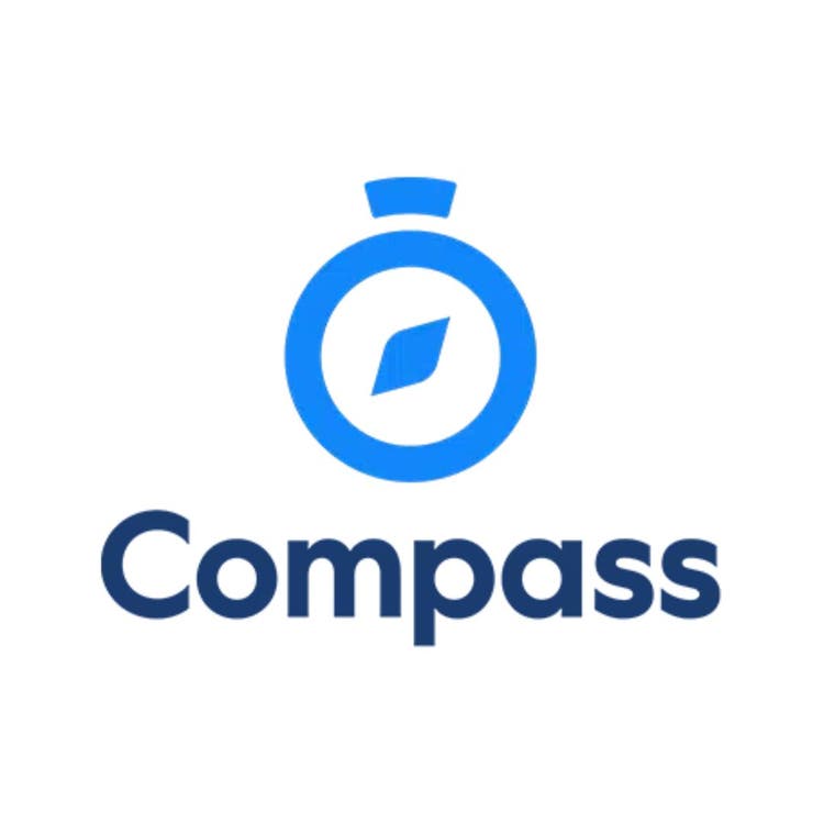 A white tile with a blue company logo which appears like a stopwatch and the word COMPASS.